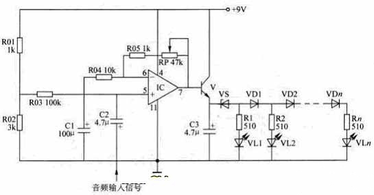 LED电平指示器带有可调增益放大级的电路图